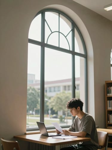A student studying by a tall arched window in a modern university library, bright natural light illuminating papers and a laptop, clean architectural lines.