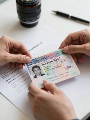 Tight close-up of hands holding a stamped visa and an official university acceptance letter on a clean desk, bright natural light.