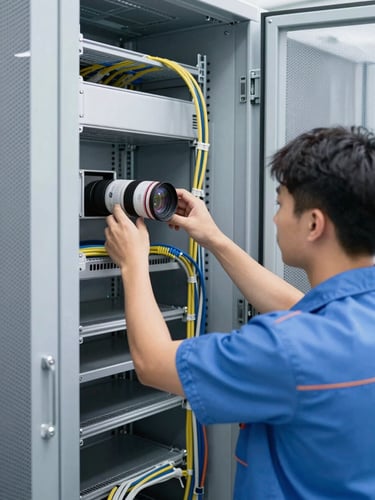 Crisp commercial photography of a certified technician in uniform installing structured cabling inside a clean server rack, bright natural daylight, 35mm lens.