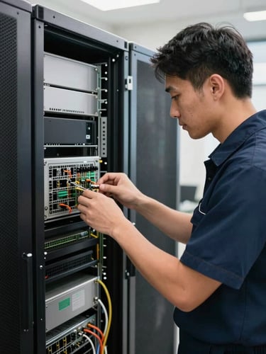 A professional Globetech technician in a clean navy uniform working on physical server hardware inside a bright, organized facility, crisp commercial photography.