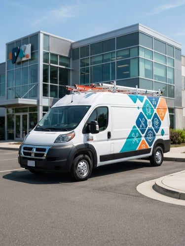 A branded white service truck parked in front of a modern commercial facility under bright daylight, clean industrial tones, sharp focus.
