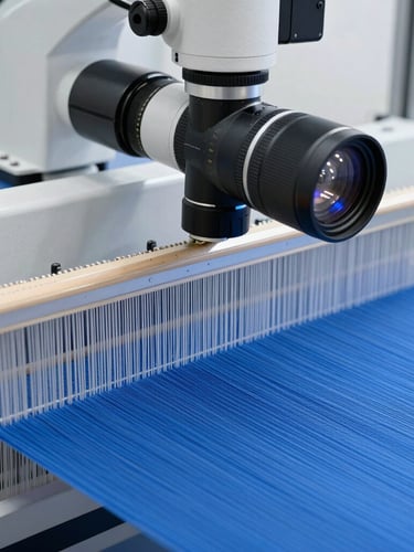Macro close-up of high-speed industrial loom weaving blue cotton threads under a calibrated optical camera lens, bright clean studio lighting, sharp focus, 35mm lens