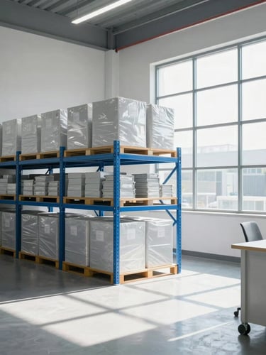A modern logistics warehouse interior with organized shelving, bright natural daylight streaming through high windows, clean professional environment, editorial 35mm.
