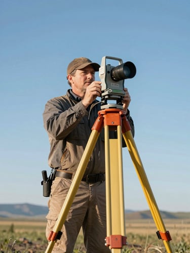 A professional Idaho surveyor adjusting a high-precision GPS receiver on a tripod in an open field, low angle, crisp morning daylight, clear Idaho sky in the background