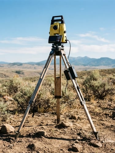 Low-angle shot of a high-tech total station surveyor tripod standing firmly on dry Idaho soil, bright morning sunlight, sharp focus, 35mm lens