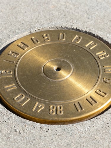 A close-up of a solid brass boundary marker disc stamped with legal coordinates, set in concrete on an Idaho property line, sharp focus, morning light