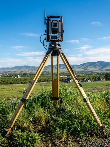 Low-angle sharp outdoor photography of a high-tech robotic total station surveyor tripod set on green Treasure Valley soil, crisp morning daylight, high-contrast natural tones, 35mm lens.