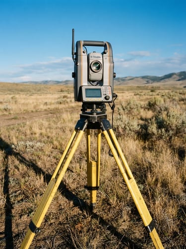 Low-angle shot of a high-tech robotic total station on a sturdy yellow tripod standing in a dry Idaho field, crisp morning light casting long shadows, sharp focus on the optical lens, 35mm photography.