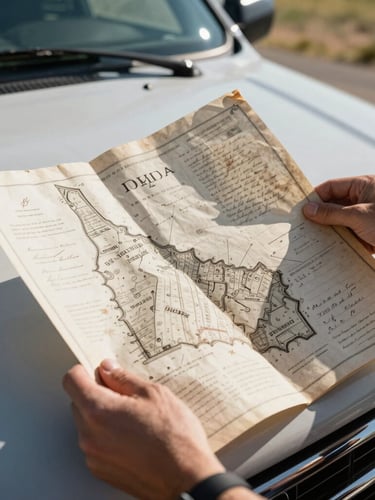 A close-up shot of hands holding a worn, historic Idaho land deed blueprint over a truck hood, high-contrast late afternoon sun, crisp details