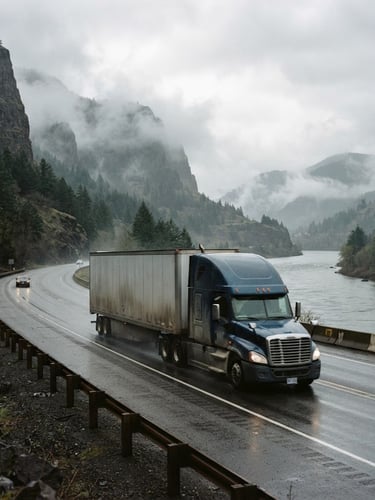 Wide environmental shot of a commercial semi-truck hauling freight along a misty Columbia River Gorge highway, overcast natural daylight, desaturated industrial tones, 35mm lens.