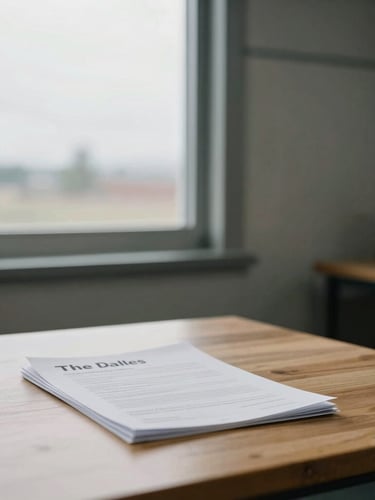 A professional office environment in The Dalles, Oregon, featuring desaturated industrial tones, natural overcast light coming through a window, and transport documents on a clean wooden desk.