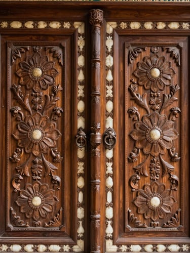 Intimate close-up of hand-carved rosewood doors with ivory inlays inside Mysore Palace, soft side lighting highlighting the craftsmanship