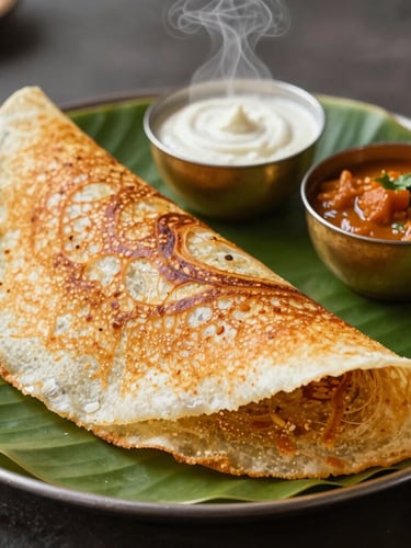 A close-up of a golden, crispy Mysore Masala Dosa on a fresh green banana leaf, steam rising gently, with small brass bowls of white coconut chutney and red sambar beside it, soft side morning light.