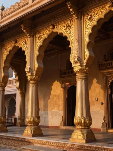 Dramatic close-up of the golden columns and intricate durbar hall arches inside Mysore Palace, captured at dusk under warm, majestic interior lighting, no people.
