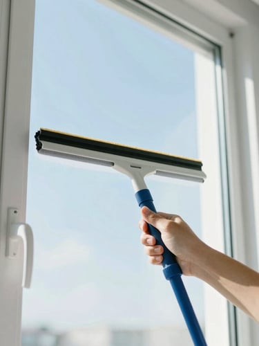 Professional squeegee cleaning a bright window with daylight streaming through, sharp focus, fresh blue tones, 35mm