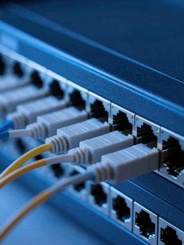 Close-up of network hardware and fiber optic switches, cool-toned studio lighting, subtle blue backlighting, sharp focus, macro details
