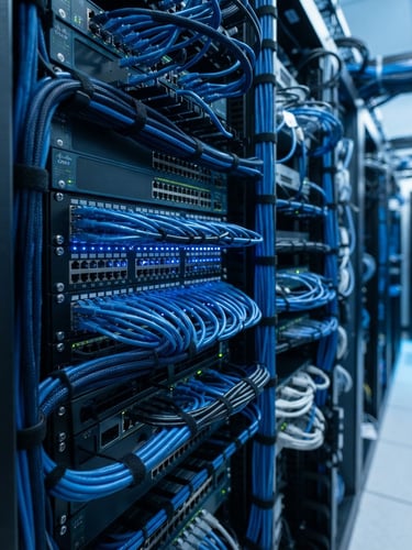 Macro shot of clean server rack cabling, cool-toned blue LED indicators, sharp focus on structured network ports, professional corporate environment.