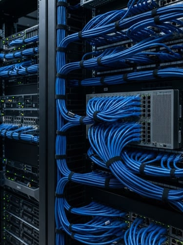Macro photograph of clean server racks with neat blue cabling in a secure data center, cool studio lighting, sharp focus, 35mm