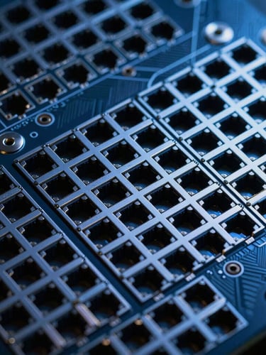 High-angle structural grid of modern network switch hardware, cool studio lighting, deep navy tones, sharp focus on technical ports.