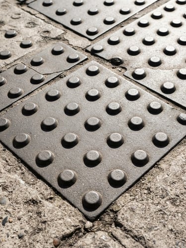Macro detail of tactile paving on a concrete floor under sharp daylight, geometric architectural lines, high contrast.