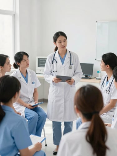 A clean clinical environment with a health educator showing a digital module to a small group of attentive community health workers, bright natural daylight, crisp clinical tones.