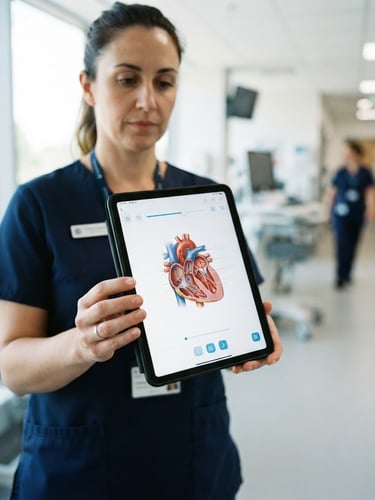 A close-up of a tablet displaying a clean medical training interface in bright natural daylight, held by a healthcare worker in a clinic.