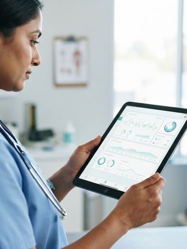 A close-up of a tablet displaying a clean medical interface held by a health worker in a brightly lit, clean community clinic, natural daylight, sharp focus, 35mm lens.