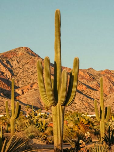 Saguaro cacti standing tall against a warm terracotta mountain backdrop in Phoenix, bright golden hour light, vintage retro film look.