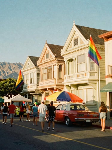 A vibrant retro 35mm film shot of a colorful street festival in the Castro, rainbow flags fluttering against mid-century Victorian facades, warm golden sunlight.