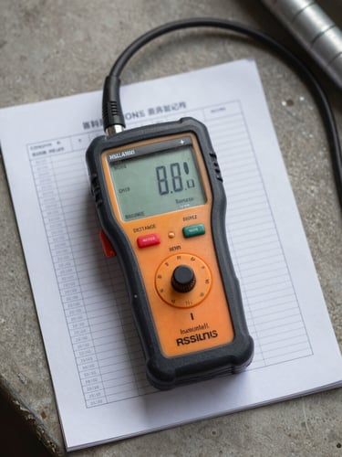 Close-up overhead view of a calibrated insulation resistance tester resting on a technical measurement log sheet on a concrete floor, natural overcast site lighting, electrical conduit visible at the edge of frame