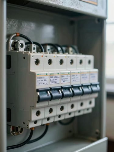 Close-up of a properly labeled electrical distribution panel, circuit breakers neatly arranged and terminal blocks with handwritten cable labels, natural site lighting from a nearby window, slight industrial sheen on the metal enclosure, shallow depth of field on the label text