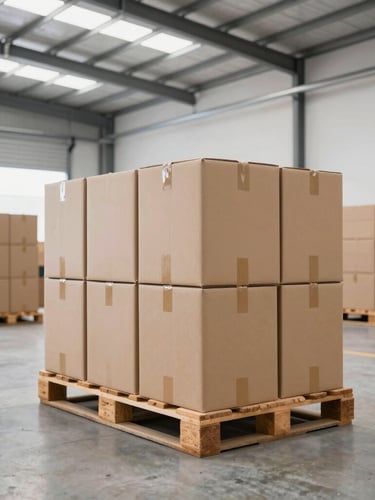 Crisp commercial photography of a bright modern wholesale warehouse in Costa Rica, large cardboard boxes and stacked pallets on clean concrete floor, natural daylight, wide angle.