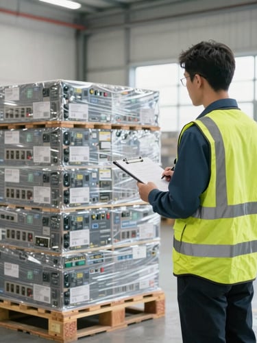 A logistics manager in a safety vest inspecting a neatly stacked pallet of electronics in a bright warehouse, holding a clipboard, professional commercial photography.