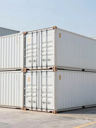Wide angle shot of pristine shipping containers stacked in a modern warehouse, bright daylight, 35mm lens