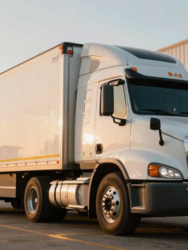 A clean, heavy-duty semi-truck with a refrigerated trailer parked at a modern warehouse loading dock during sunrise, crisp morning light
