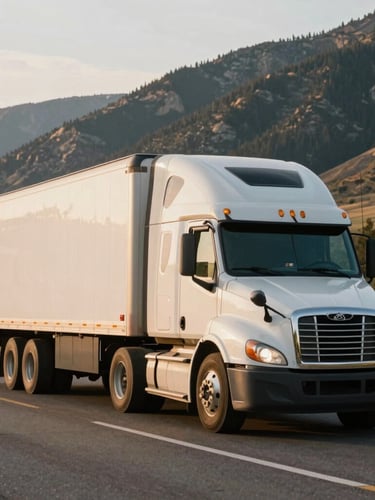 A clean, modern heavy-duty semi-truck with a refrigerated trailer driving on a scenic highway through the mountains of Idaho, crisp morning daylight, warm editorial photography, 35mm film look.