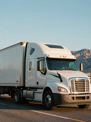 Low-angle heroic shot of a clean modern semi-truck on Interstate 15 in Idaho, crisp morning daylight, mountains in the background, 35mm film look