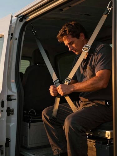 Close-up of secure cargo tie-downs inside a clean dry van trailer, warm golden-hour light streaming in, professional driver adjusting a strap