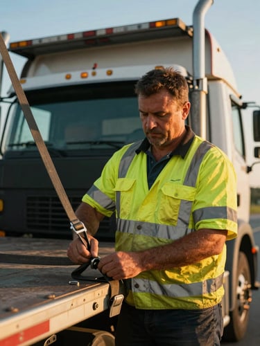 Close-up of a professional truck driver in high-visibility gear securing cargo tie-downs on a flatbed, focused expression, warm morning light
