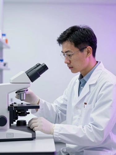 Bright clinical photography of a professional laboratory technician in a clean modern lab with soft purple ambient highlights, medium shot, sharp depth of field