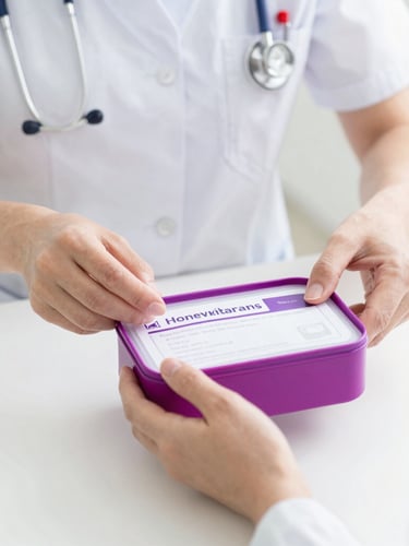 A professional healthcare worker gently preparing a home blood collection kit, bright clinical photography, clean high-key white light, soft magenta accents, reassuring atmosphere.
