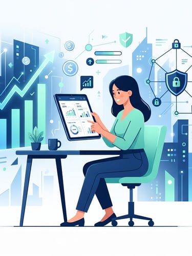 Clean 2D vector illustration of a person managing personal finances on a tablet, with growth charts and secure digital connections in the background, corporate blue and mint accents.