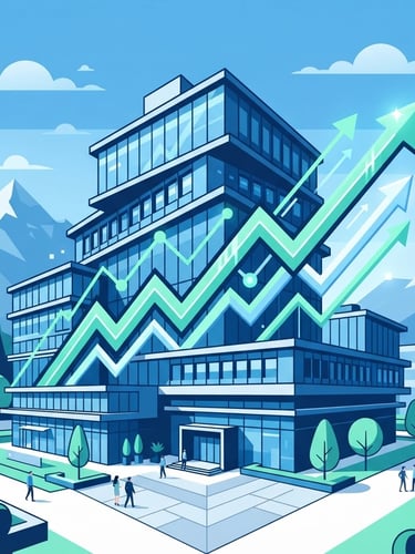 Flat vector illustration of a modern Swiss office building with a rising financial growth chart in corporate blue and mint accents, clean geometric lines, high-trust fintech aesthetic.