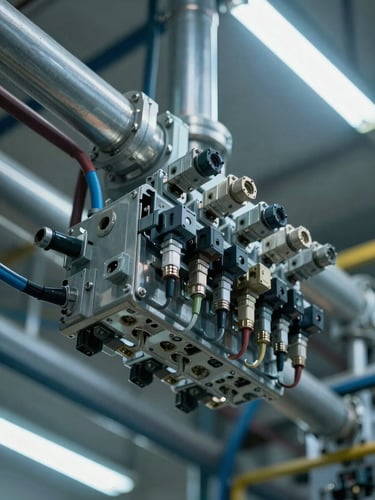 Extreme close-up overhead view of an industrial sensor array mounted on a steel pipe manifold in a manufacturing facility, dense cable runs visible, even cool ambient fluorescent lighting, no people, crisp technical detail of connectors and conduit clamps