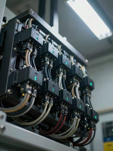 Extreme close-up overhead view of an industrial sensor array mounted on heavy manufacturing equipment, dense cable runs and connector blocks in sharp focus, cool even ambient light from overhead fluorescent panels, no human presence, dark metal surfaces with cyan indicator LEDs visible