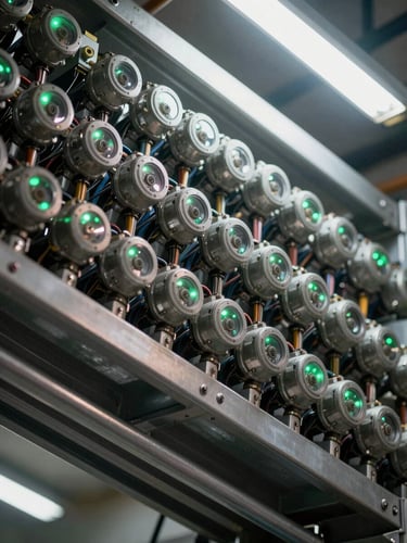 Extreme close-up overhead view of an industrial sensor array mounted on a steel equipment rail, dense rows of cylindrical proximity sensors with green indicator LEDs, flat cool white ambient lighting from above, wiring conduits running parallel to the sensor bank, no humans, no warm tones, sharp technical detail filling the full frame