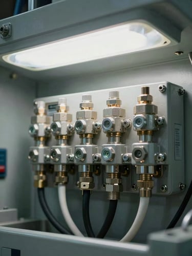 Extreme close-up of an industrial sensor array mounted on a steel equipment housing, multiple threaded conduit fittings and shielded cable runs entering a junction box, overhead cool white fluorescent light casting flat even illumination, no people, sharp detail on the hex-bolt fasteners and equipment nameplate, control-room ambient feel