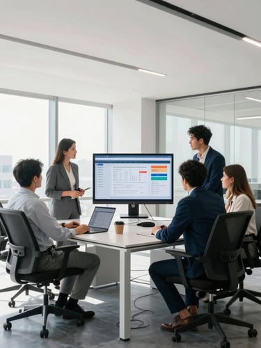 A clean, bright modern office workspace with a small team collaborating around a screen showing a dashboard, natural daylight