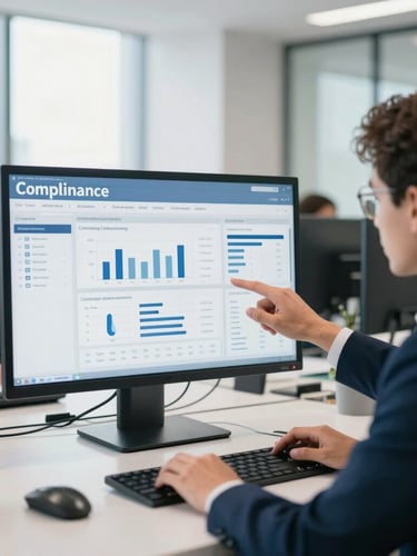 A clean corporate office workspace with bright natural daylight, a professional team member reviewing a compliance dashboard on a screen, cool slate tones.