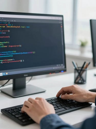 Close-up of a professional developer analyzing secure code on a clean monitor, soft natural office lighting, sharp focus on hands, professional slate and navy workspace aesthetic.